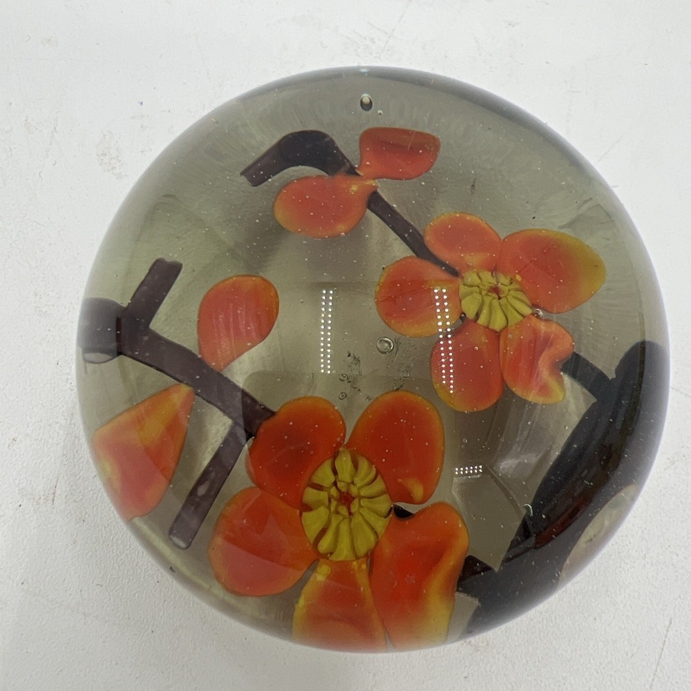 Vintage Orange Saxifraga Flower Glass Paperweight Unique Art 2.5 Inches